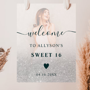 Chic silver glitter ombre photo Sweet 16 welcome Poster