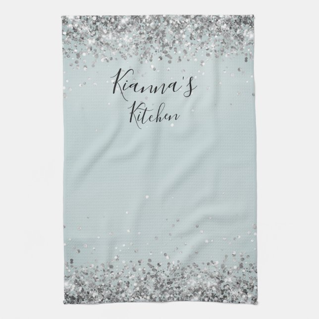 Chic Silver Glittery Personalisiert Geschirrtuch (Vertikal)