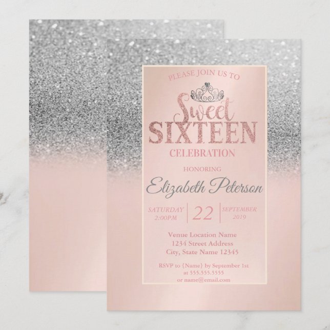 Chic Silver Glitzer Bokeh,Tiara Sweet 16 Party Einladung (Vorne/Hinten)