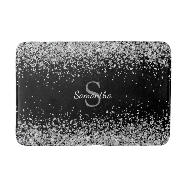 Chic Silver Glitzer Confetti Monogram Black Badematte (Vorderseite)