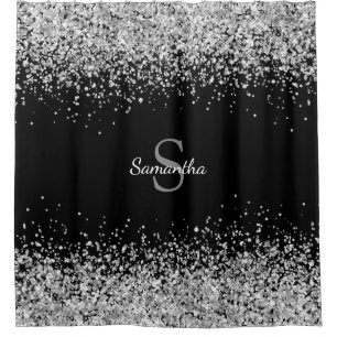 Chic Silver Glitzer Confetti Monogram Black Duschvorhang