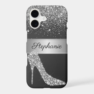 Chic Silver Glitzer Diamond High Heel Shoe Name