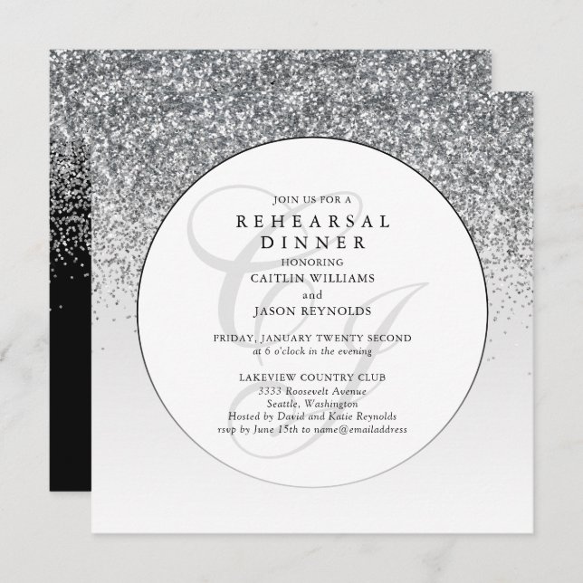Chic Silver Glitzer Hochzeit Probe Dinner (Vorne/Hinten)