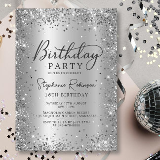 Chic Silver Glitzer Metal Sweet 16 Geburtstag Einladung
