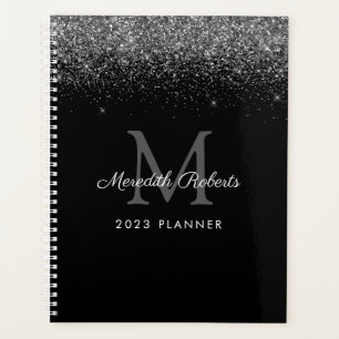 Chic Silver Glitzer Monogram Black 2023 Planer