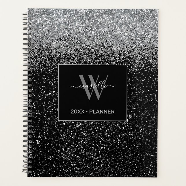 Chic Silver Glitzer Monogram Name 2022 Planner Planer (Vorderseite)