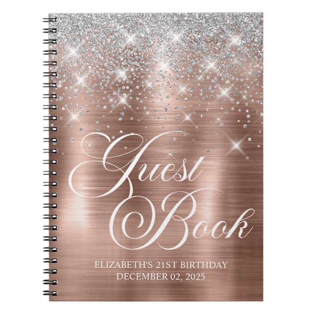 Chic Silver Glitzer Rose Gold 21st Bday Gästebuch Notizblock (Vorderseite)
