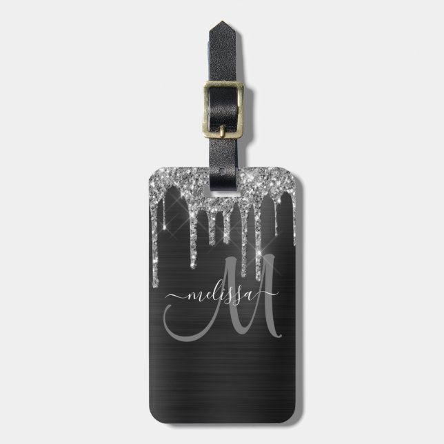 Chic Silver Glitzer Tropfen Brushed Metallic Name Gepäckanhänger (Vorderseite vertikal)