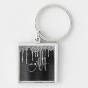 Chic Silver Glitzer Tropfen Brushed Metallic Name Schlüsselanhänger