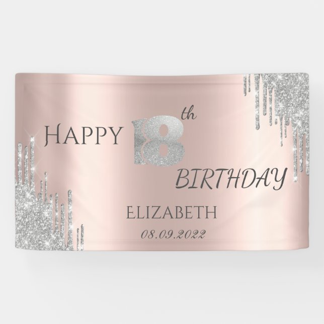 Chic Silver Glitzer Tropfen Rose Gold 18. Geburtst Banner (Horizontal)