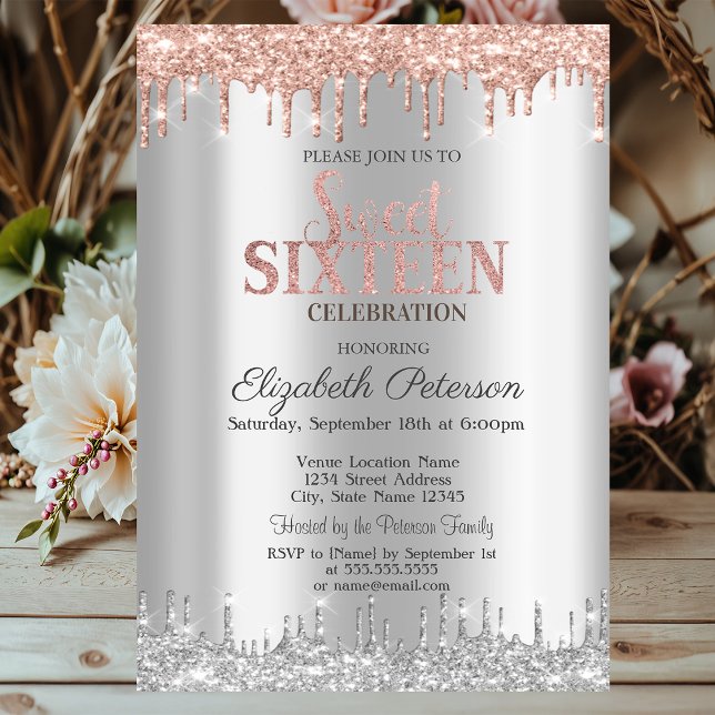 Chic Silver Glitzer Tropfen Rose Gold Sweet 16 Einladung (Von Creator hochgeladen)