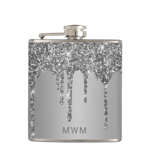 Chic Silver Glitzer Tropfen Sparkle Monogram 6 oz Flachmann