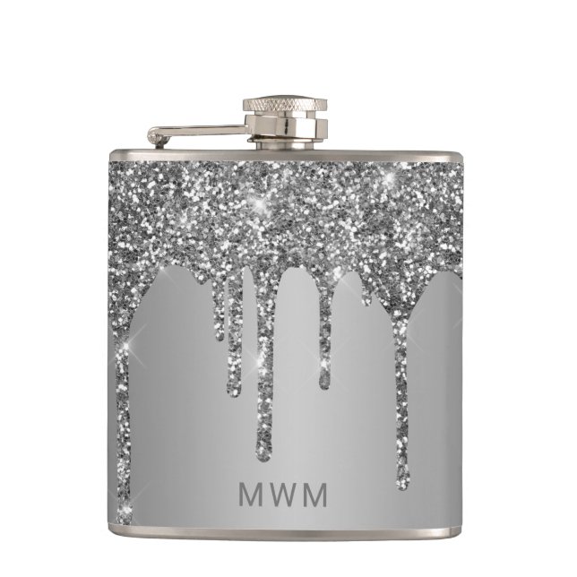 Chic Silver Glitzer Tropfen Sparkle Monogram 6 oz Flachmann (Vorderseite)
