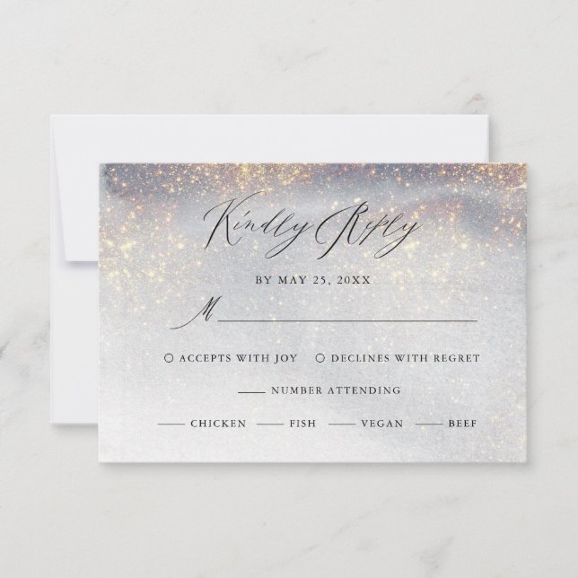 Chic Silver Gold Glitzer Watercolor Luxus Hochzeit RSVP Karte (Vorderseite)