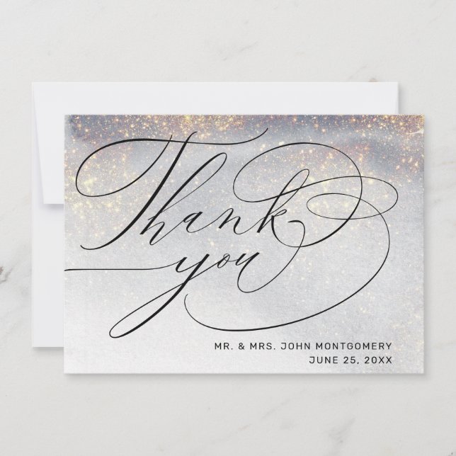 Chic Silver Gold Glitzern Watercolor Wedding Danke (Vorderseite)