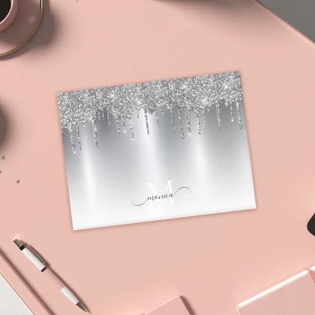 Chic Silver Gray Driving Glitzer Monogram Name Post-it Klebezettel (Chic Silver Gray Dripping Glitter Monogram Name Post-it Notes)