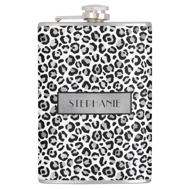 Chic Silver Leopard Print Personalisiert Flachmann (Vorderseite)