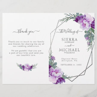 Chic Silver Lila Floral Folded Wedding Programm