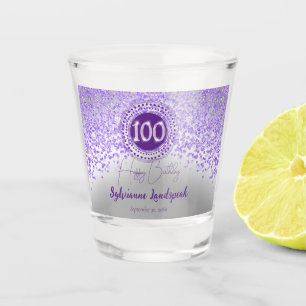 Chic Silver & Lila Glitzer 100. Geburtstagsgeschen Schnapsglas