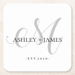 Chic Silver M Monogram Script Name Wedding Date Rechteckiger Pappuntersetzer