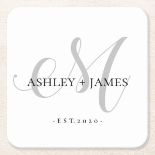  Chic Silver M Monogram Script Name Wedding Date Rechteckiger Pappuntersetzer