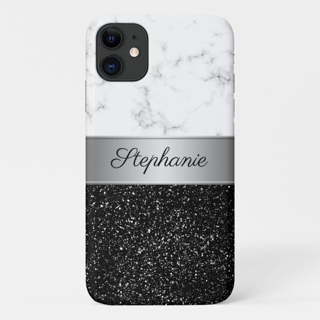Chic Silver Marble Black Glitzer Name hinzufügen Case-Mate iPhone Hülle (Rückseite)