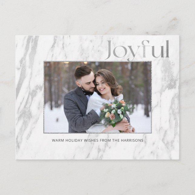 Chic Silver Marble Joyful Typografy Foto Postkarte (Vorderseite)