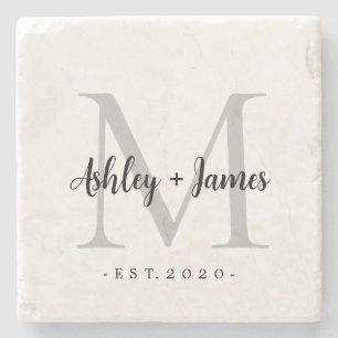 Chic Silver Monogram Script-Namen Hochzeitdatum Steinuntersetzer