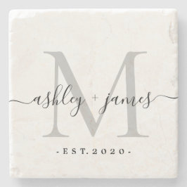 Chic Silver Monogram Script-Namen Hochzeitdatum Steinuntersetzer