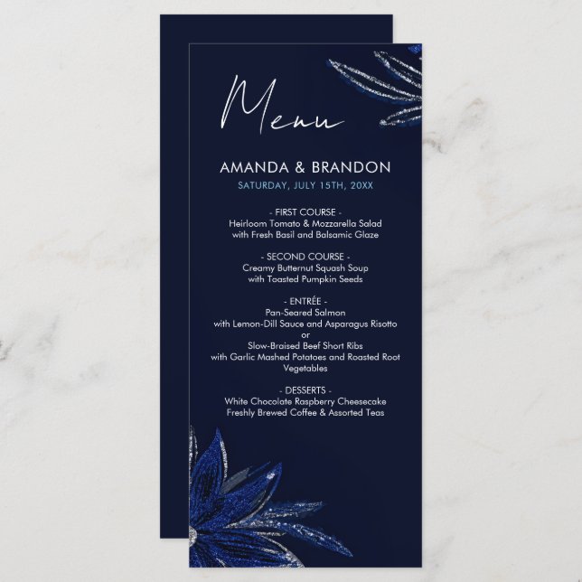 Chic Silver & Navy Blue Floral Wedding Menükarte (Vorne/Hinten)