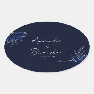 Chic Silver & Navy Blue Floral Wedding Ovaler Aufkleber