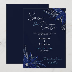Chic Silver & Navy Blue Floral Wedding Save The Date