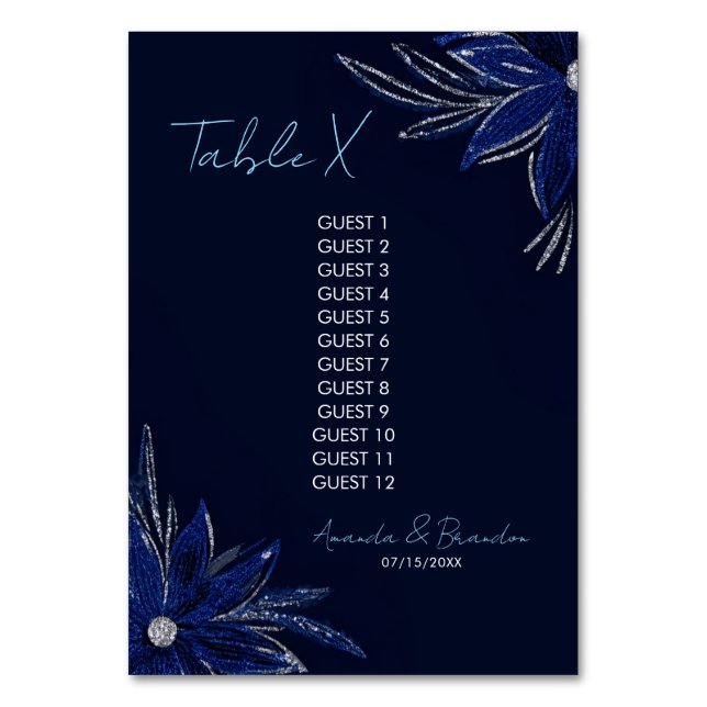 Chic Silver & Navy Blue Floral Wedding Tischnummer (Vorderseite)
