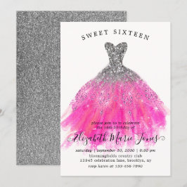 Chic Silver Pink Sparkle Dress Sweet 16. Geburtsta Einladung