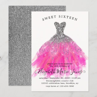 Chic Silver Pink Sparkle Dress Sweet 16. Geburtsta Einladung