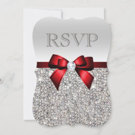 Chic Silver Sequins Diamond Red Bow Wedding RSVP Karte