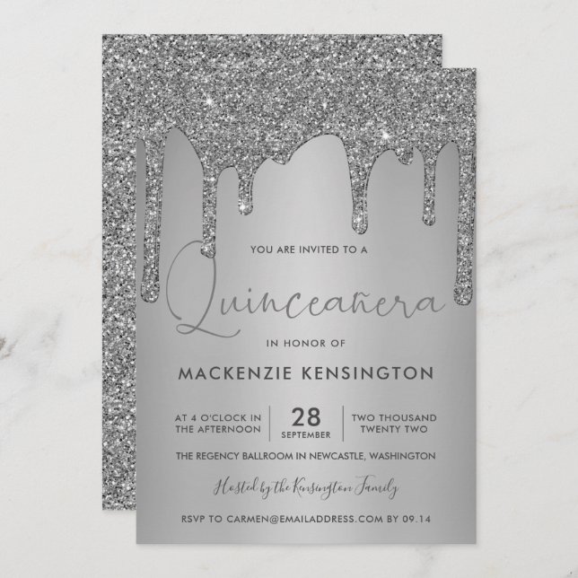 Chic Silver Sparkle Glitzer Tropfen Quinceañera Einladung (Vorne/Hinten)