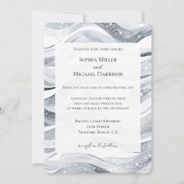Chic Silver Sparkle Waves Wedding Einladung