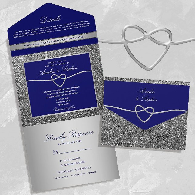 Chic Silver und Royal Blue Wedding All In One Einladung (Von Creator hochgeladen)