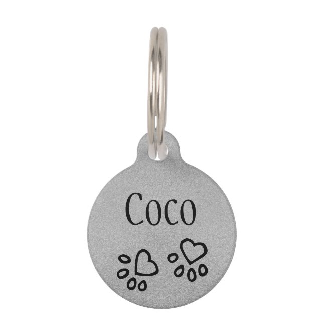 Chic Silvery Graue Name mit/Heart Paw Print Custom Haustiermarke (Vorderseite)