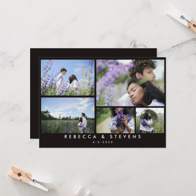 Chic Simple 5 Foto Collage Schwarz-weiße Hochzeit Einladung (Vorderseite/Rückseite Beispiel)