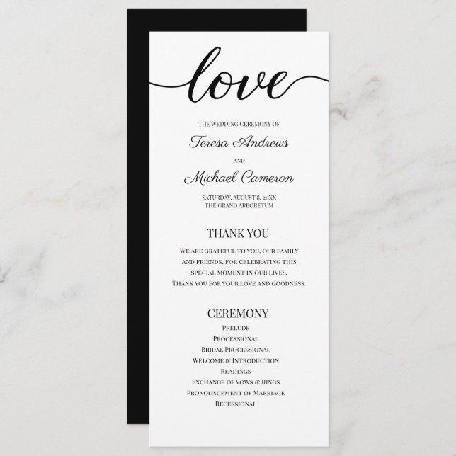 Chic Simple Black and White Wedding Liebe Script Programm (Vorne/Hinten)
