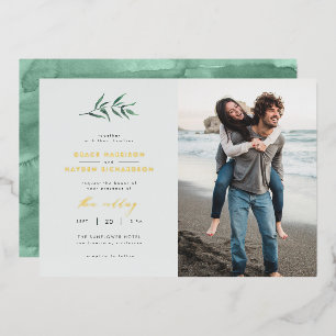 Chic Simple Blue & Green Branch Wedding Foto Folieneinladung