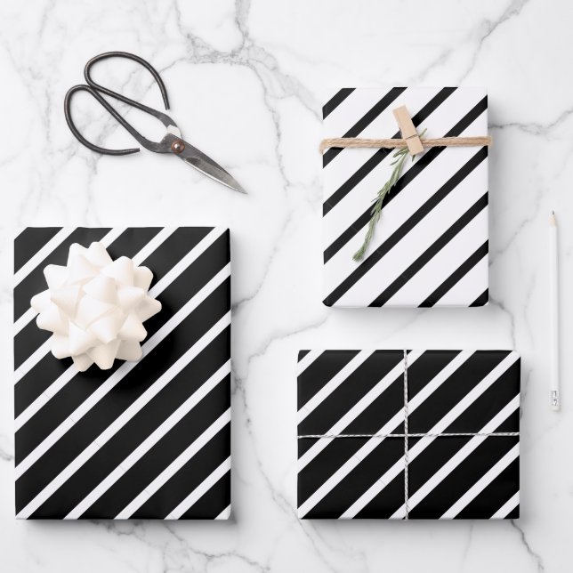 Chic Simple Elegante Black & White Diagonal Streif Geschenkpapier Set (Vorderseite)