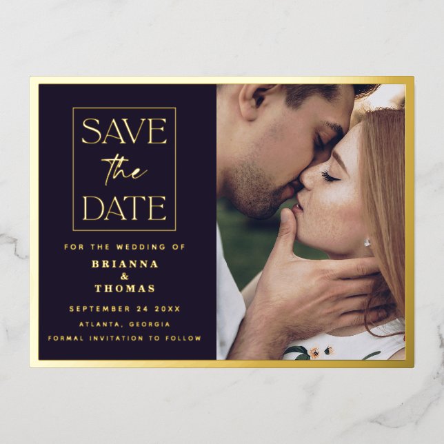 Chic Simple Foto Save the Date Wedding Gold Folie Einladungspostkarte (Vorderseite)
