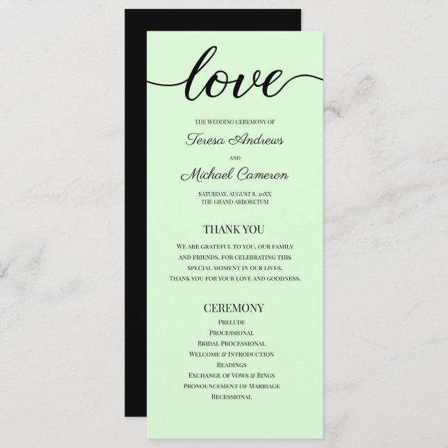 Chic Simple Mint green Wedding Liebe Script Programm (Vorne/Hinten)