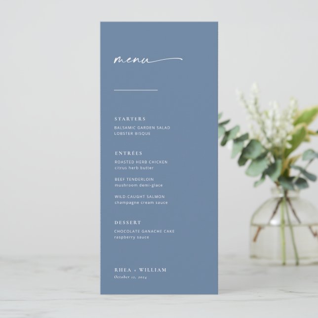 Chic + Simple Modern Script Wedding Menu | Blau Menükarte (Stehend Vorderseite)