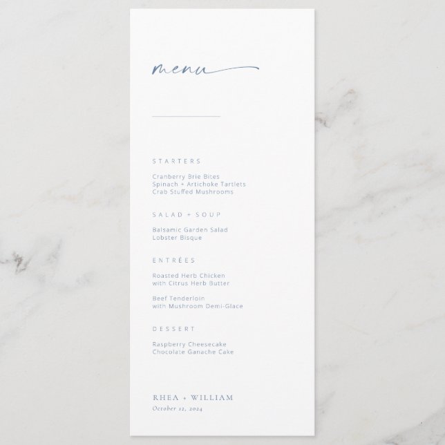 Chic + Simple Modern Script Wedding Menu | Blau Menükarte (Vorderseite)