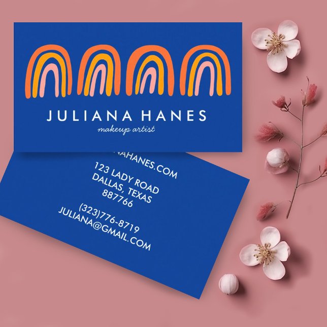 Chic Simple Pink Orange Blue Rainbows Visitenkarte (Pink rainbows on a deep blue background on these custom business cards)