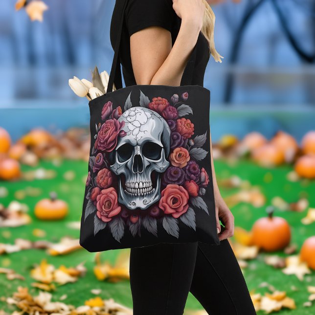Chic Skull mit Rose Gothic Halloween Tote Bag (🌹 Elegance in Darkness: Gothic Halloween Tote Bag! 👻)